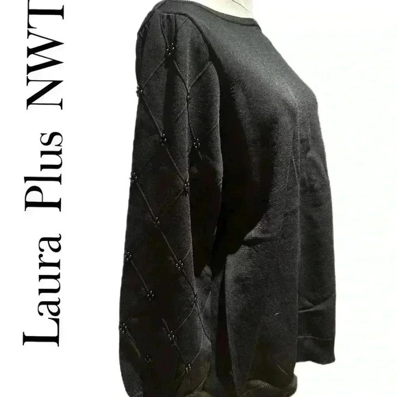 Laura Plus Black Sweater Beaded  Arms Business Casual Quiet Luxury - Picture 1 of 12